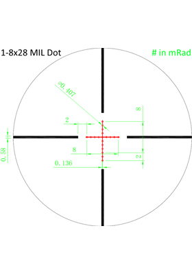 VIXEN 1-8X28 MIL DOT RISTIKKO 82211 34MM RUNKOPUTKELLA (MRAD)